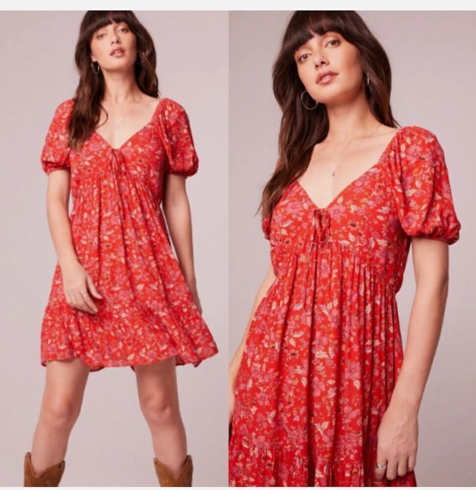 Band of the Free Women's Red Floral Puff Sleeve Boho Mini Dress S - Picture 4 of 9